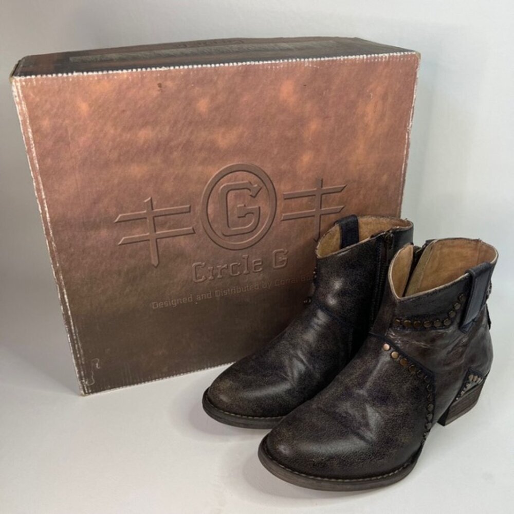 Circle G By Corral Q 5025 LD BLUE STAR INLAY‎ & STUDS ANKLE LEATHER BOOTS Size 7